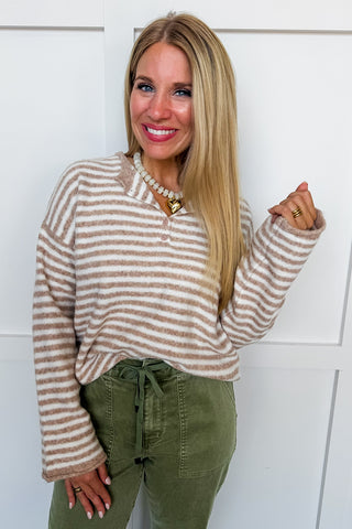 Cozy Connection Stripe Knit Sweater in Oatmeal & White