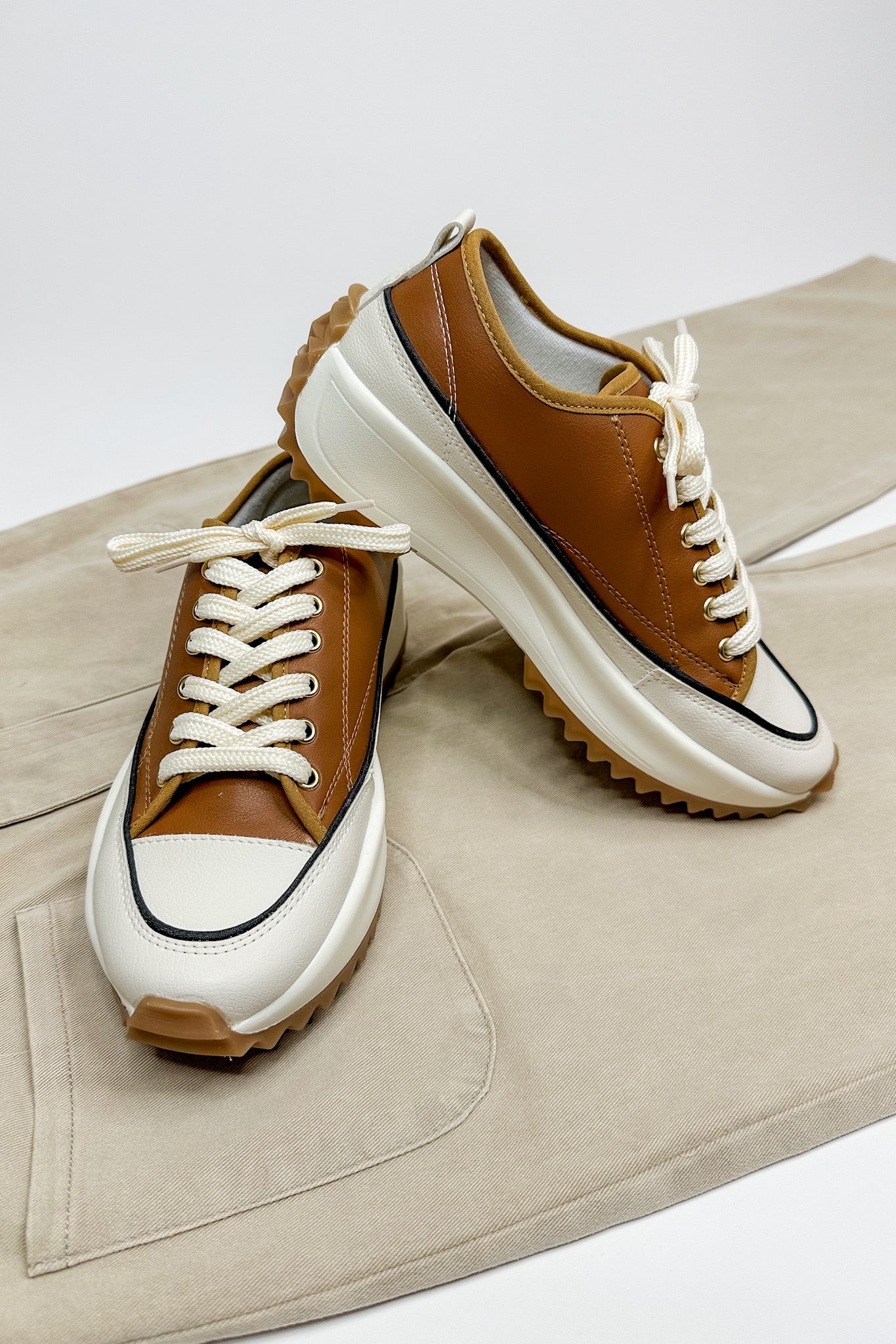 Camel Leather Lace Up Chunky Sole Sneakers