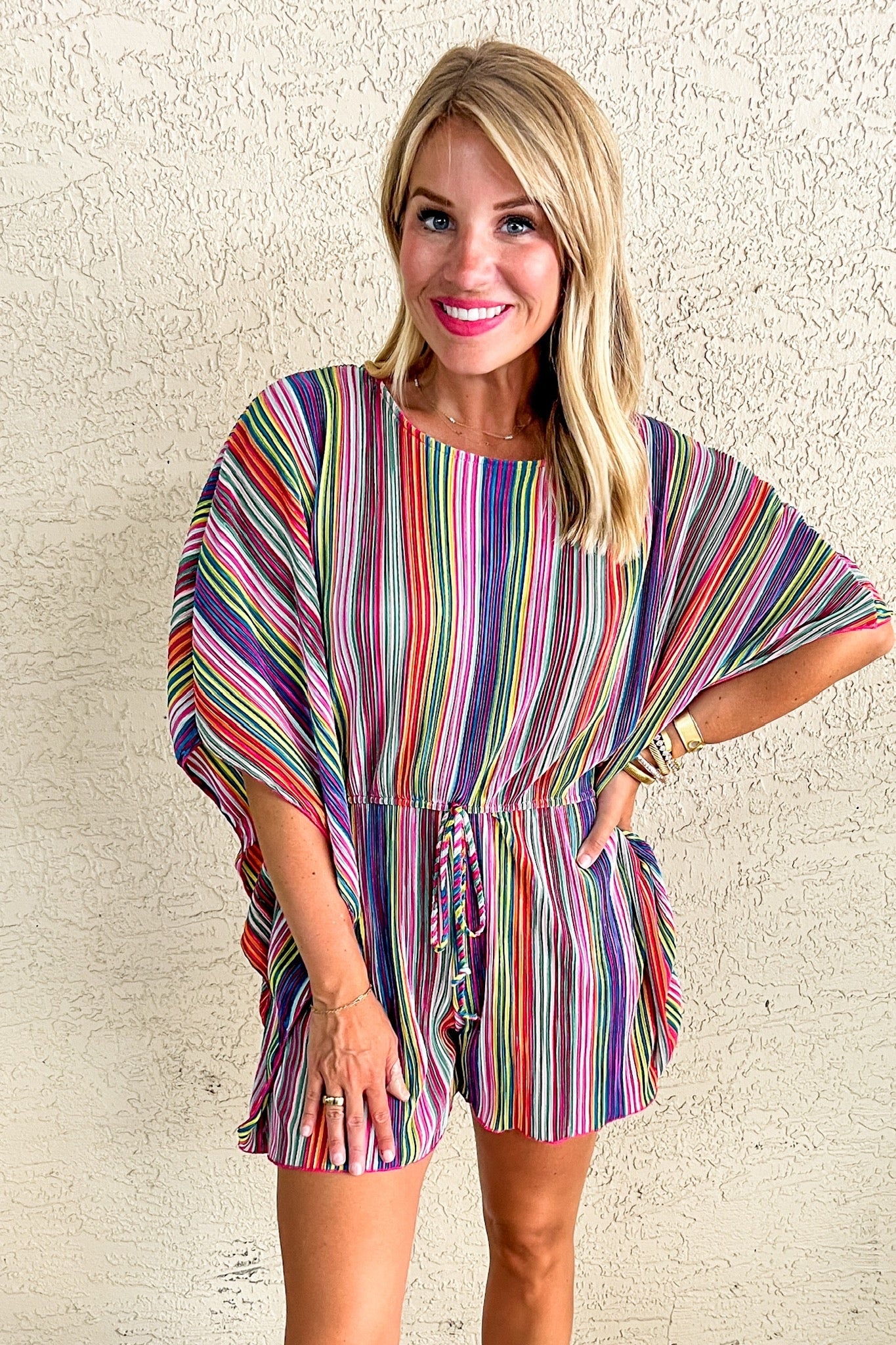 Multi Stripe Poncho Style Elastic Waist Romper