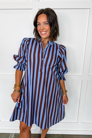 Stripe Me Pretty Dress in Blue & Brown