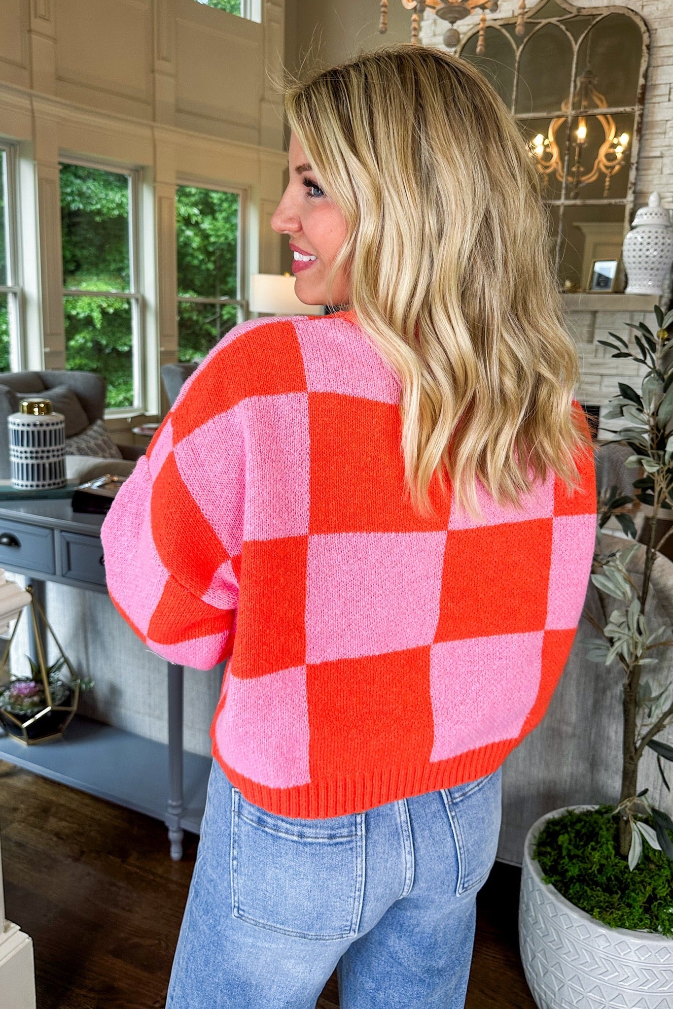 Pink & Orange Checkered Turtle Neck Cropped Sweater