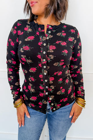 Vintage Floral Button Down Long Sleeve Top in Black