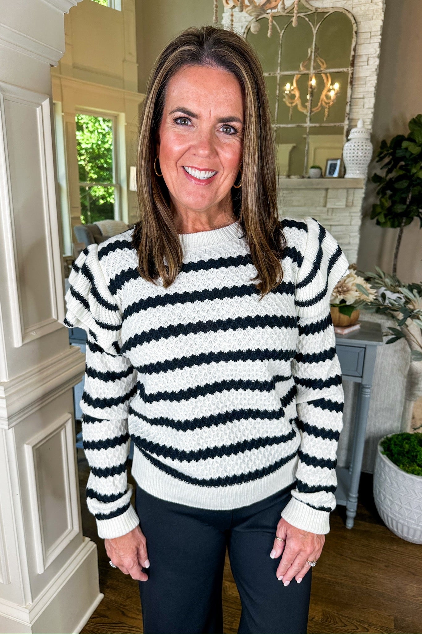 Black & Ivory Scallop Striped Double Ruffle Sleeve Sweater