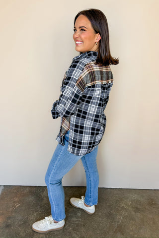 Mixed Plaid Button Down Black Flannel