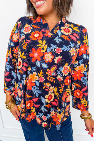 Dear Scarlett Lane Ruffle Collar Top in Navy Harvest Floral