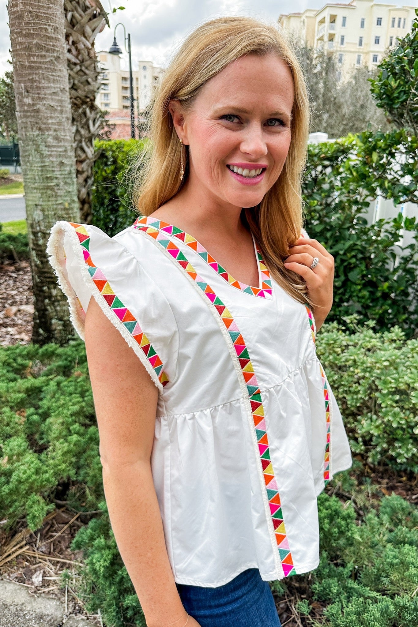 Colorful Embroidered Fringe Trim Top by THML