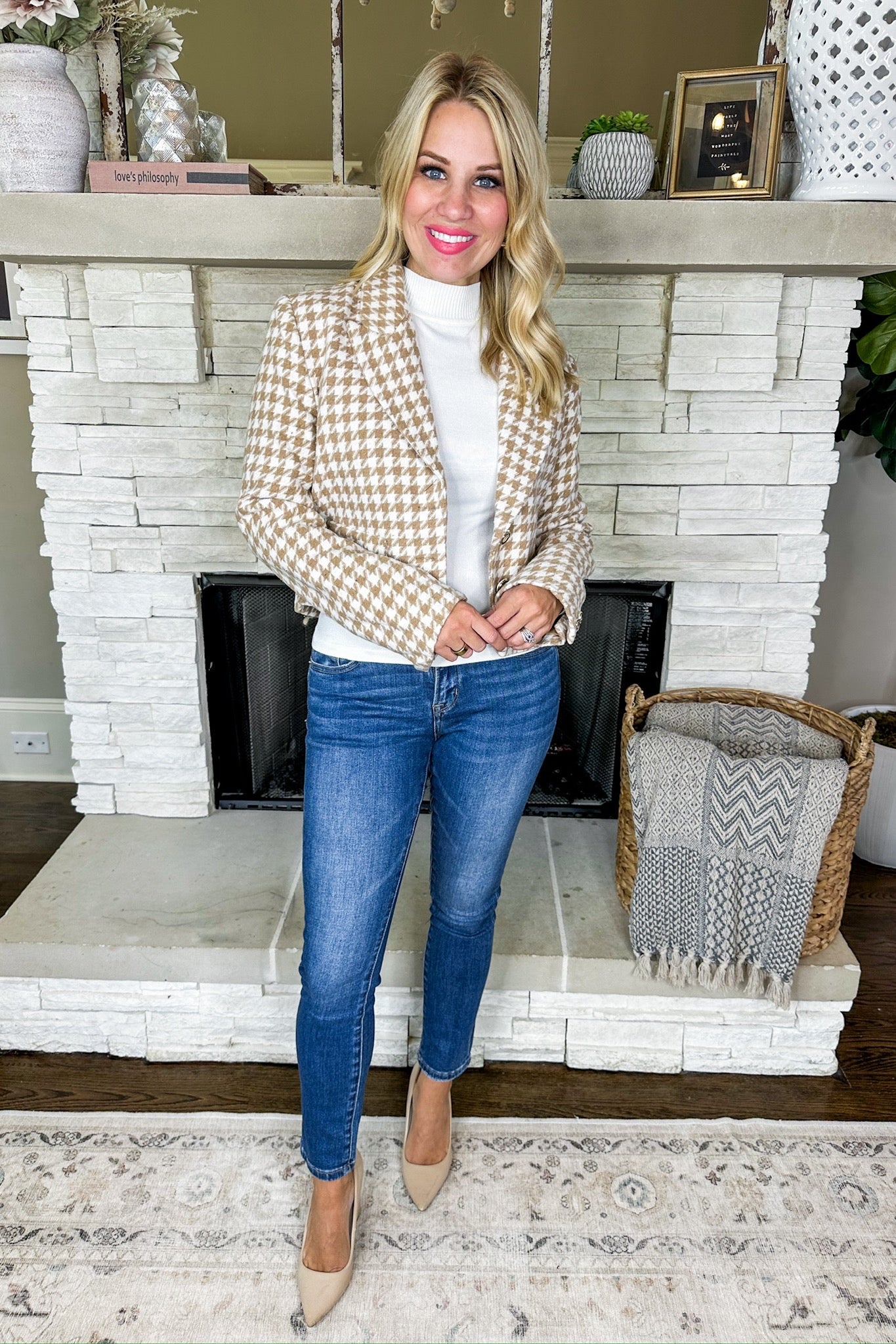 Cropped Taupe Houndstooth Peak Lapel Collared Wool Jacket