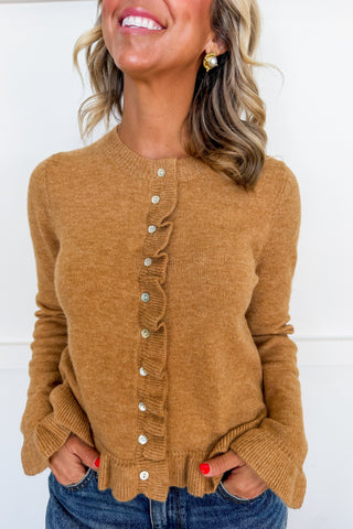 Caramel Kiss Ruffle Hem Button Front Cardigan