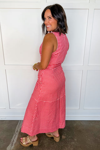 Red Gingham Midi Dress