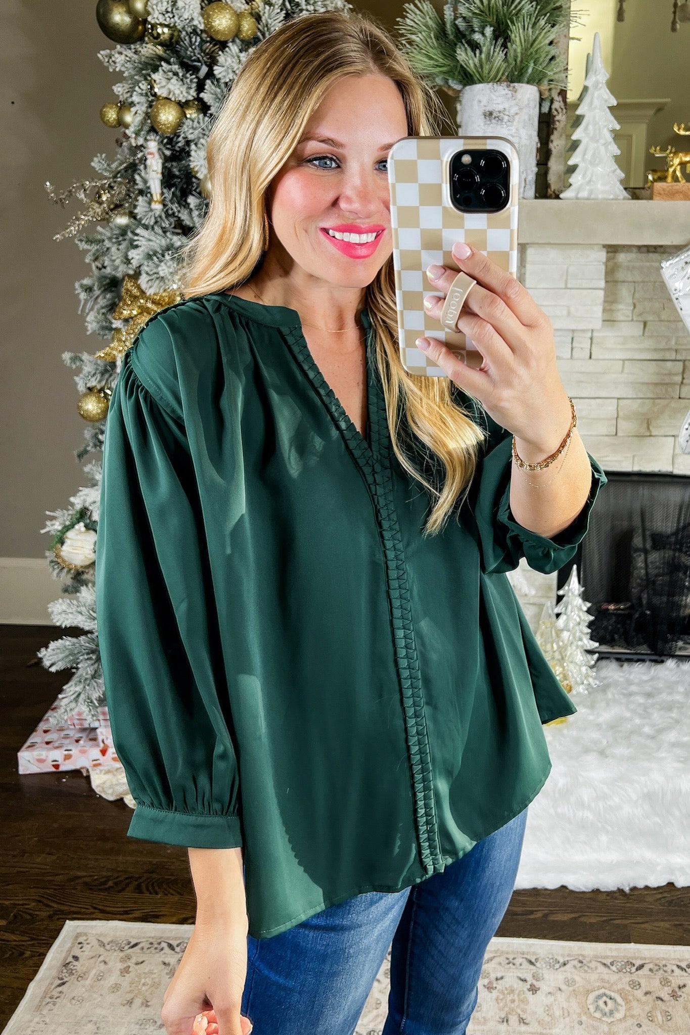 Embellished Notch Neck Three-Quarter Sleeve Top in Forest Green