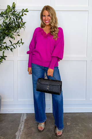 Romantic Touch Lace V Neck Sweater in Magenta