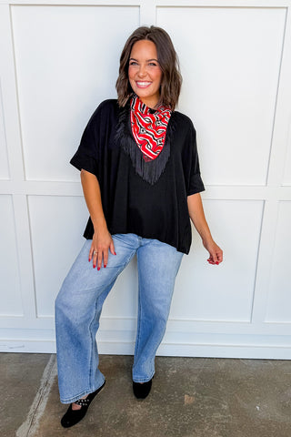 The Dolly Fringe Scarf in Red & Black Retro Mod Print