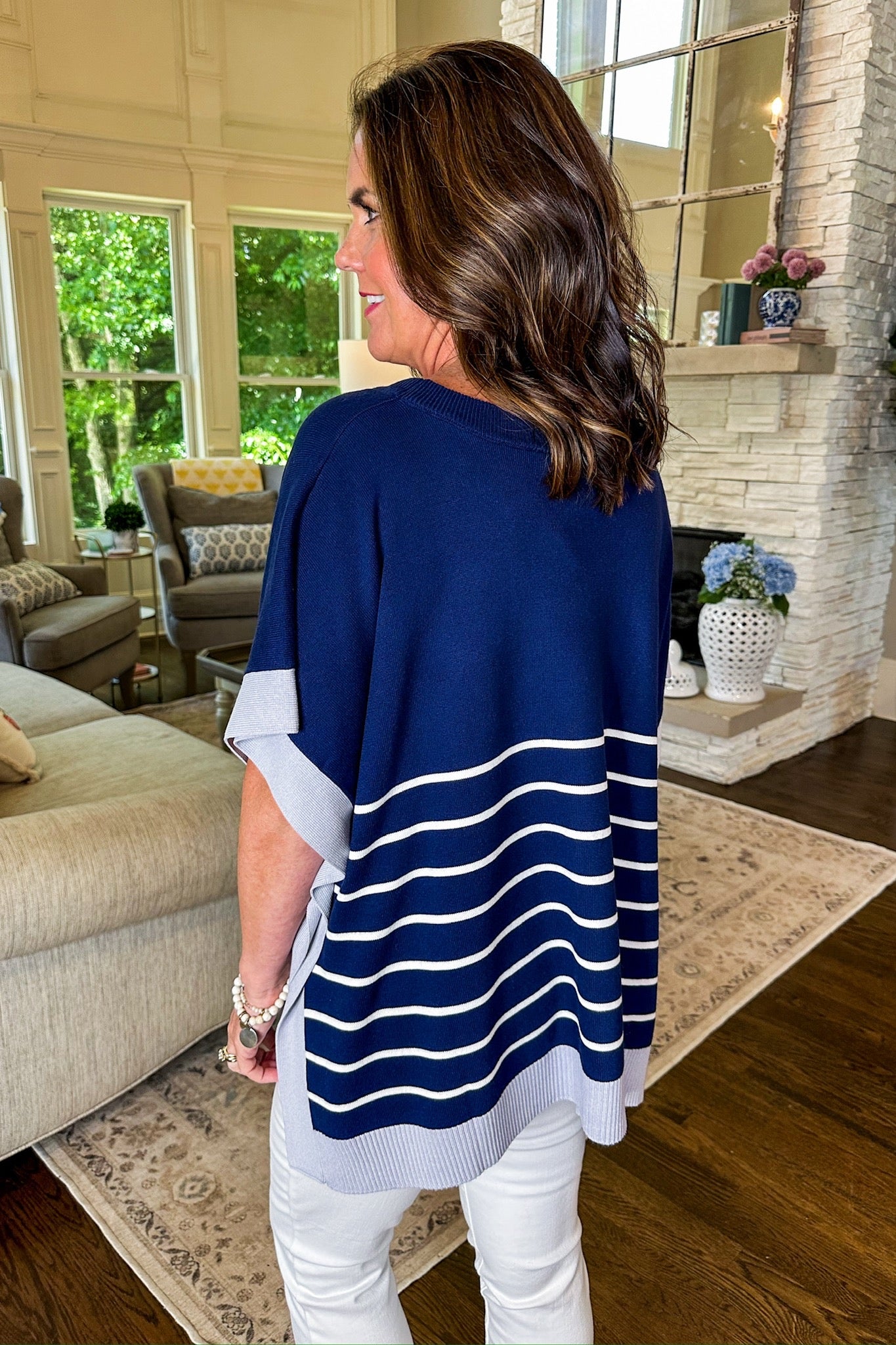 High Quality Striped Poncho Top in Navy/White