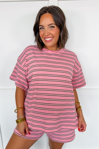 On The Go Pink Stripe Shorts Set