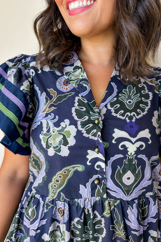Navy & Purple Floral Ruffle Sleeve Maxi Dress