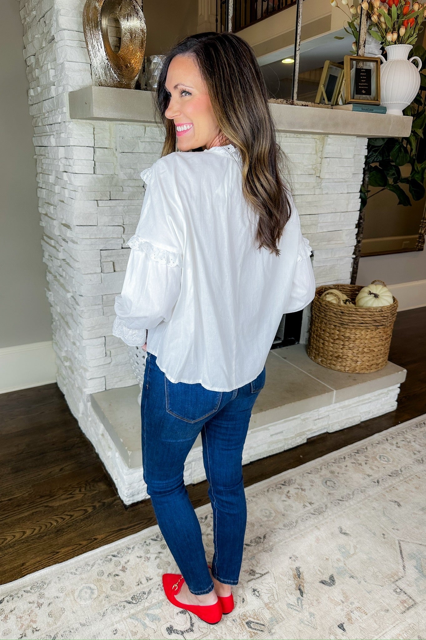 White Tie Neck Eyelet Ruffle Pleated Button Down Top