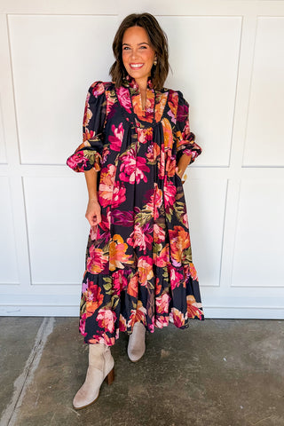 Midnight Garden Tiered Maxi Dress in Black