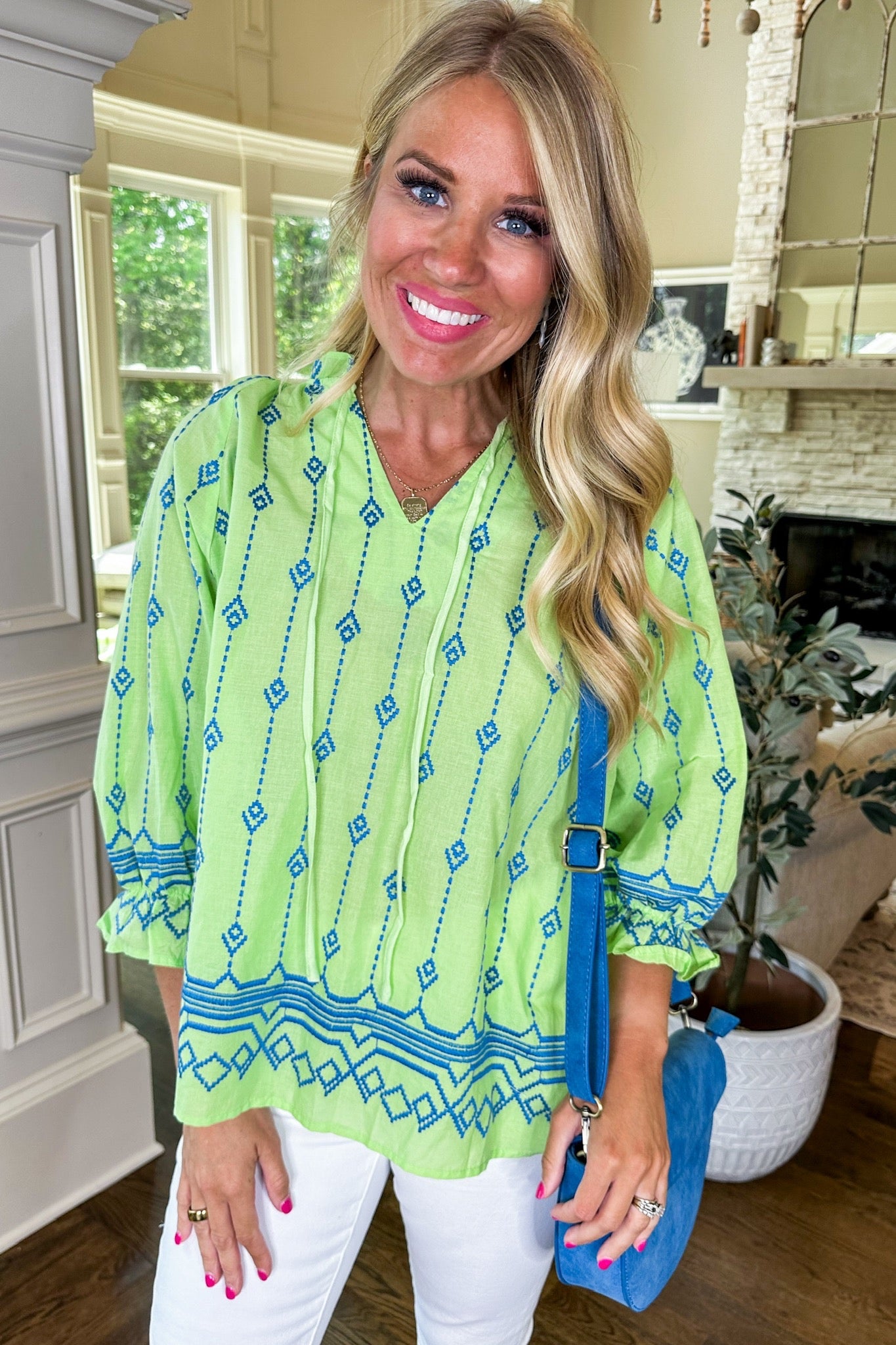 Blue Embroidered Notched Neck Lime Top