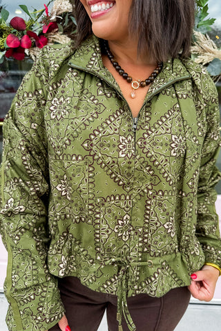 The Hadley Drawstring Pullover Jacket in Olive Patchwork