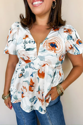 Sassy Satin Floral V Neck Blouse