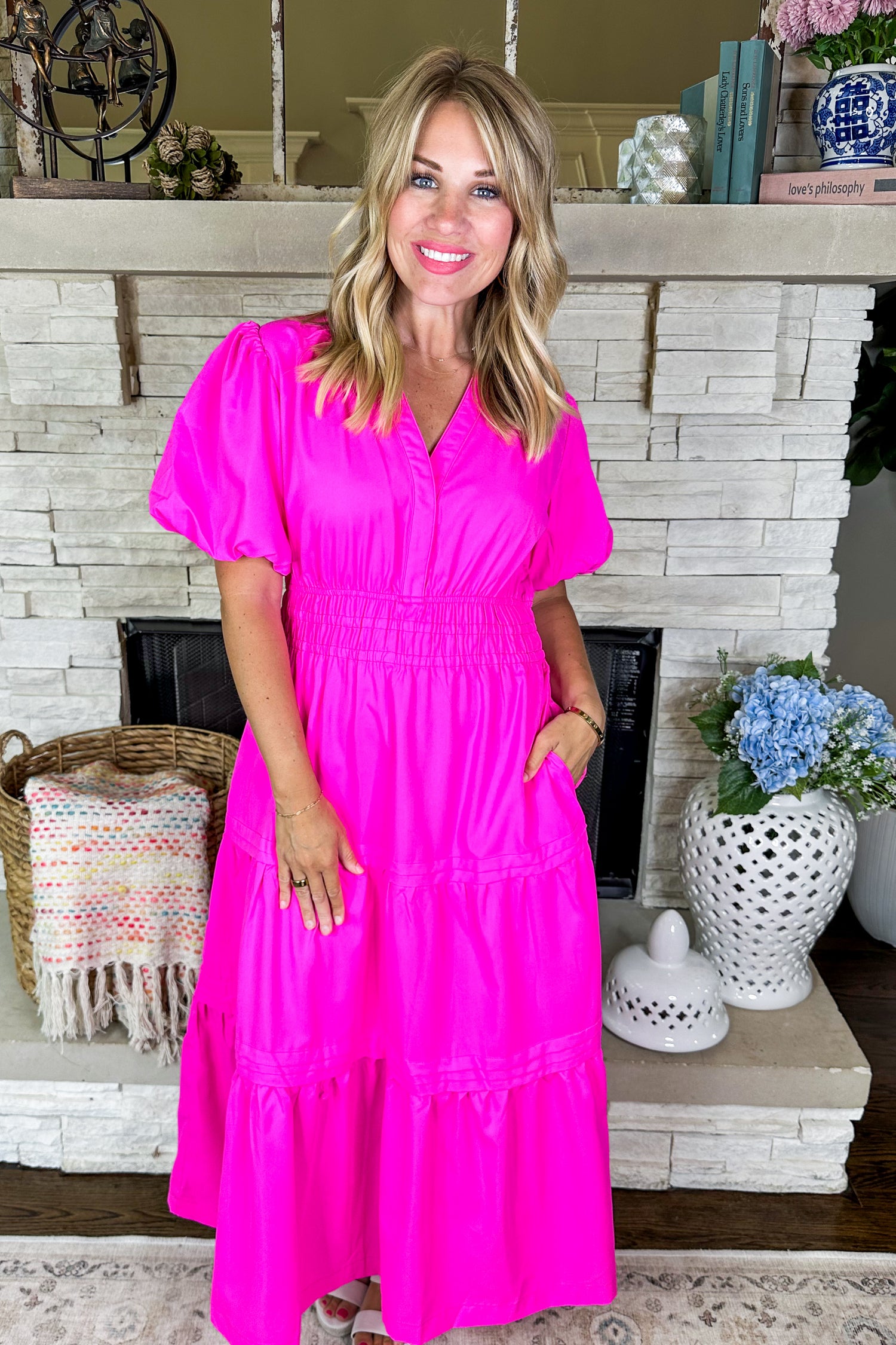 V Neck Bubble Sleeve Pocketed Tiered Midi Dress in Pink