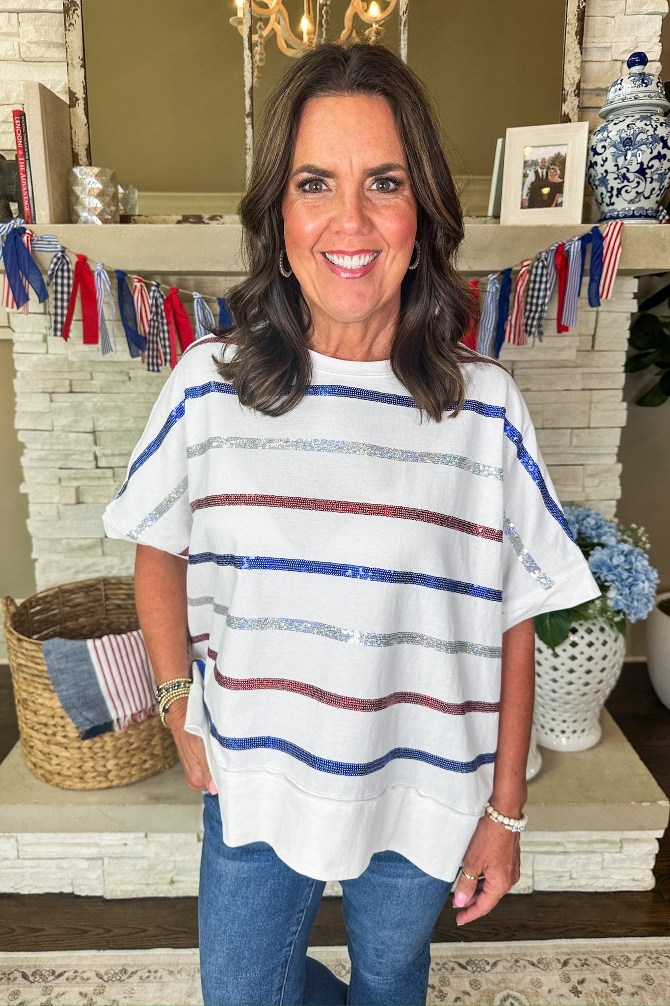 Red Silver Blue Sequin Striped Poncho Top