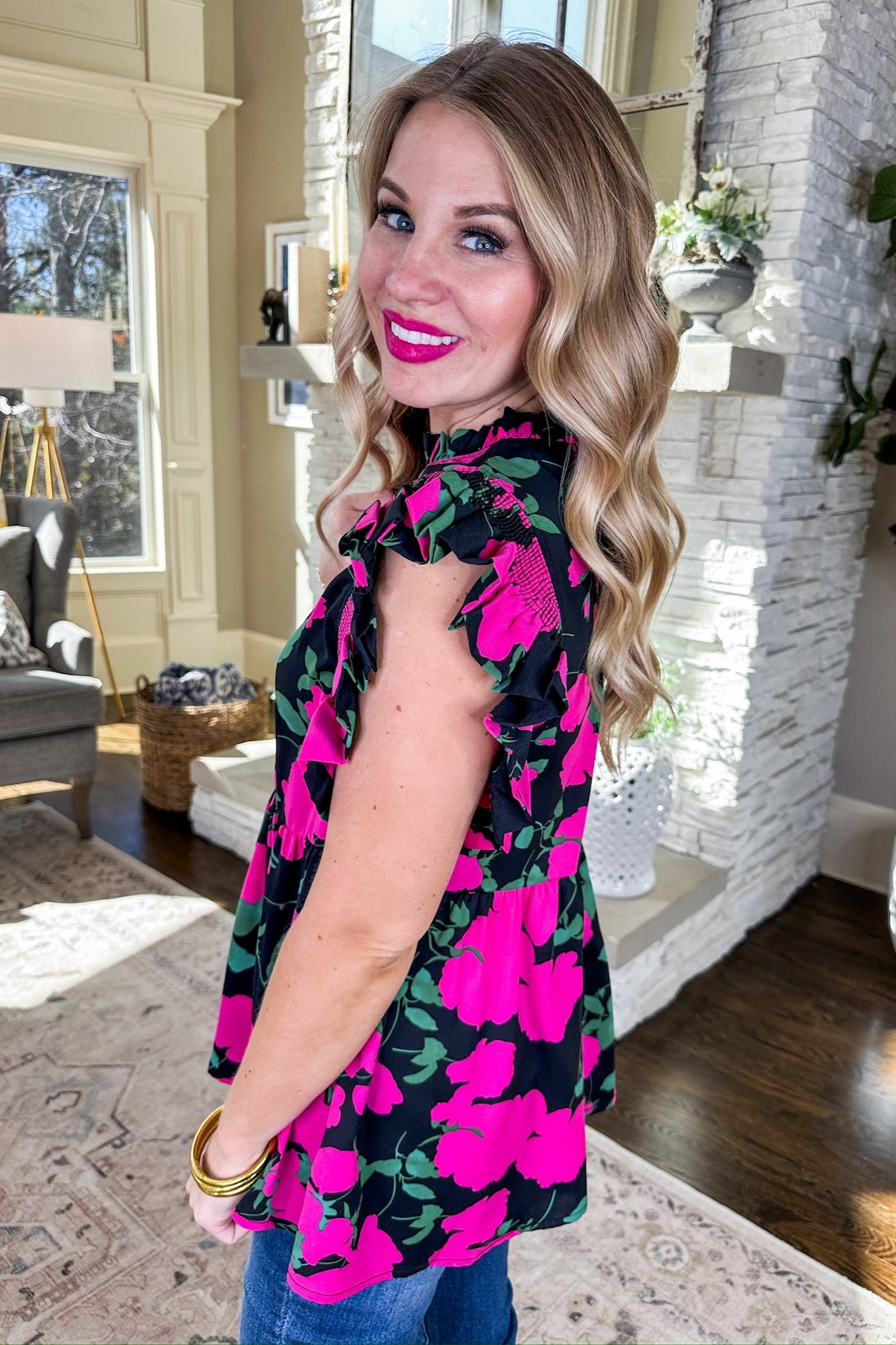 Hot Pink & Mint Floral Ruffle Sleeve Blouse