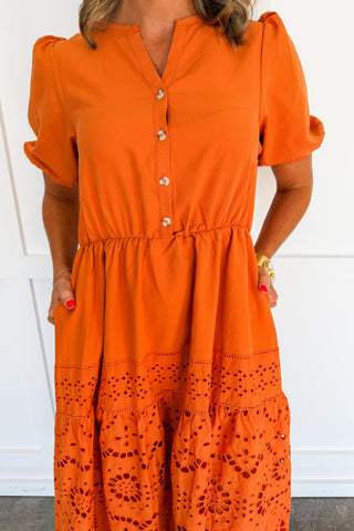 Amber Glow Eyelet Midi Dress