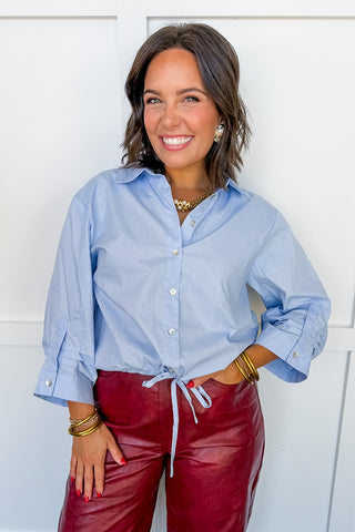 Perfectly Polished Tie Front Button Down Top in Blue