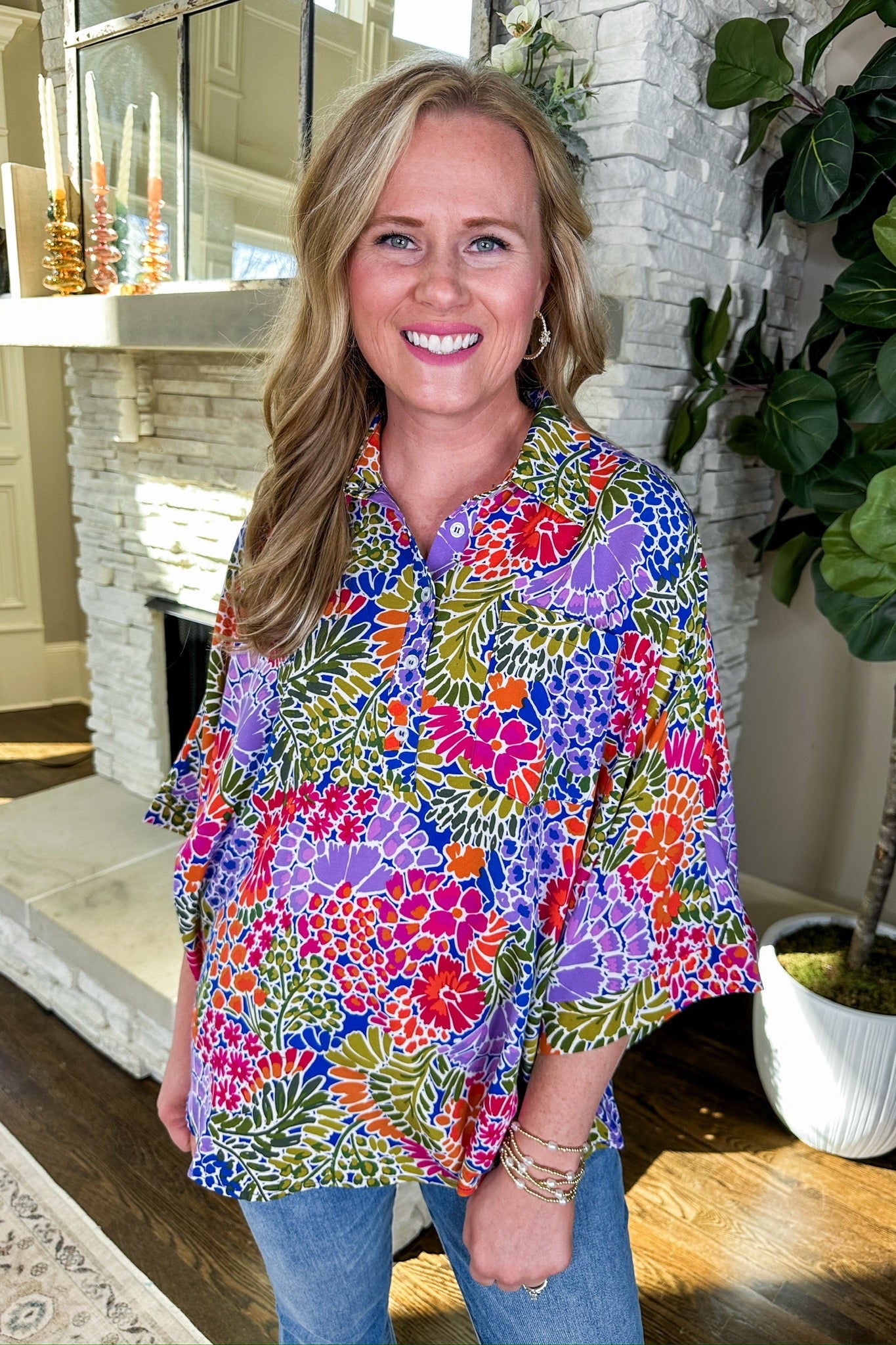 Trending Floral Collared Half Button Poncho Top