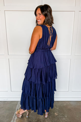 Grace & Glamour Tiered Maxi Dress in Navy