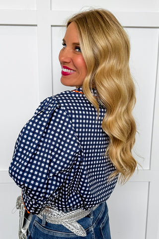 The Elaine Top in Gingham Navy/Orange by Mary Square