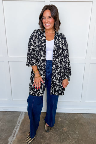 Dear Scarlett Lizzy Gather Sleeve Cardigan in Black Floral