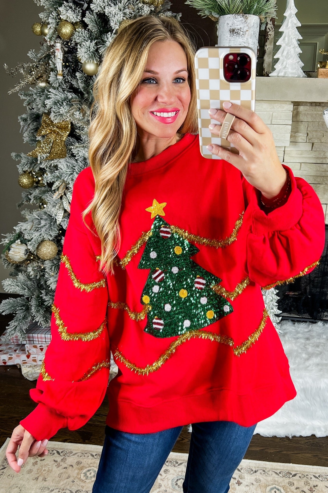 Sequin Christmas Tree Tinsel Stripe Red Sweater