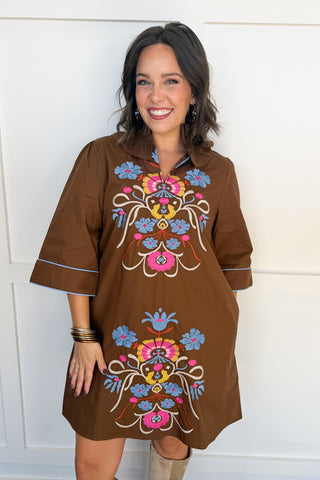 Folk Song Embroidered Shift Dress in Brown