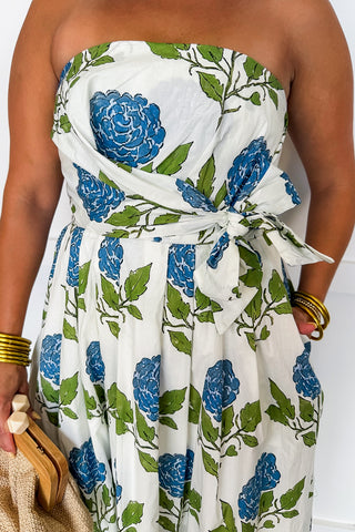 The Emily Strapless Midi Dress in Hydrangea