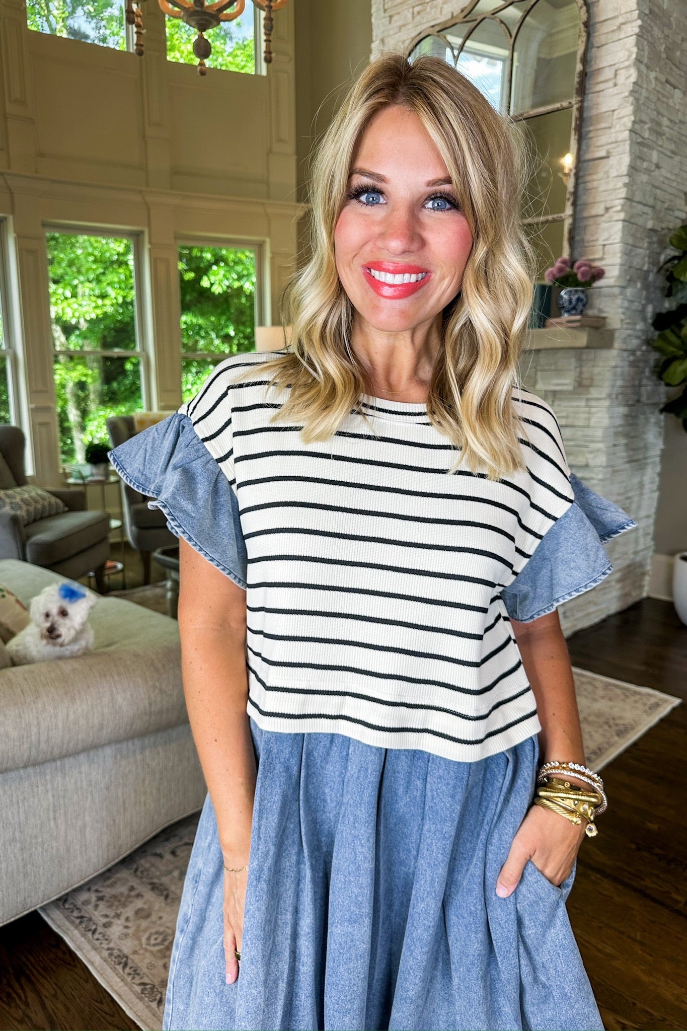 Textured Stripe Top Contrast Chambray Dress