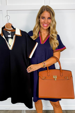 Easy Throw On & Go Collared Navy Dress With Pink Contrast Trim