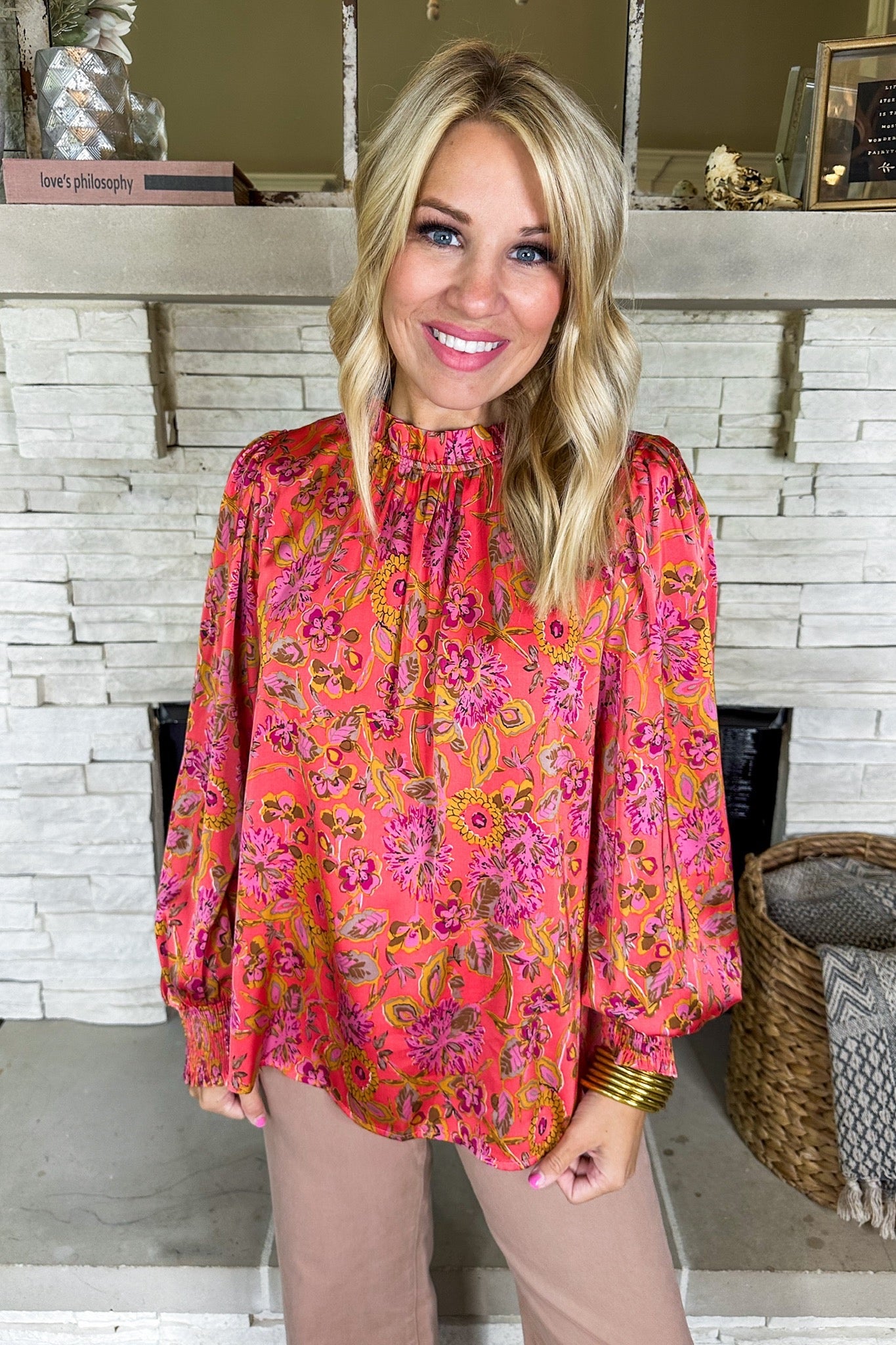 Satin Coral Smocked Sleeve Ruffle Neck Floral Top