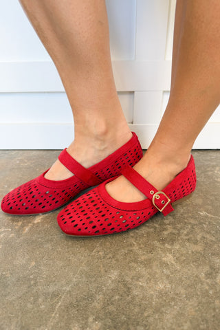 The Sheila Suede Eyelet Mary Jane Flat in Red