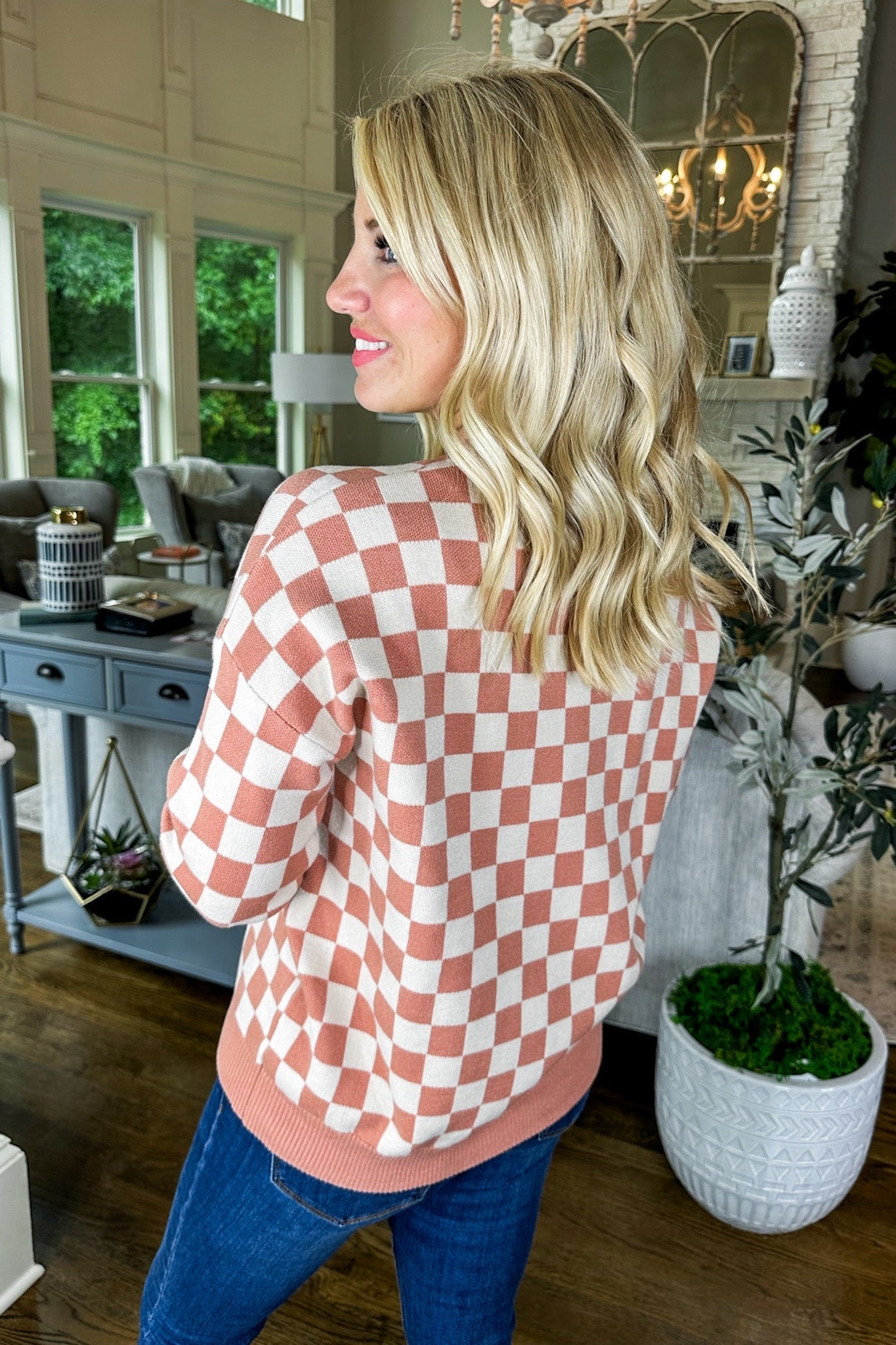 Orange Brown Checkered Cozy Long Sleeve Sweater