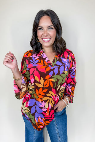 Dear Scarlett Liz Bell Printed Top in Chocolate Bold Print