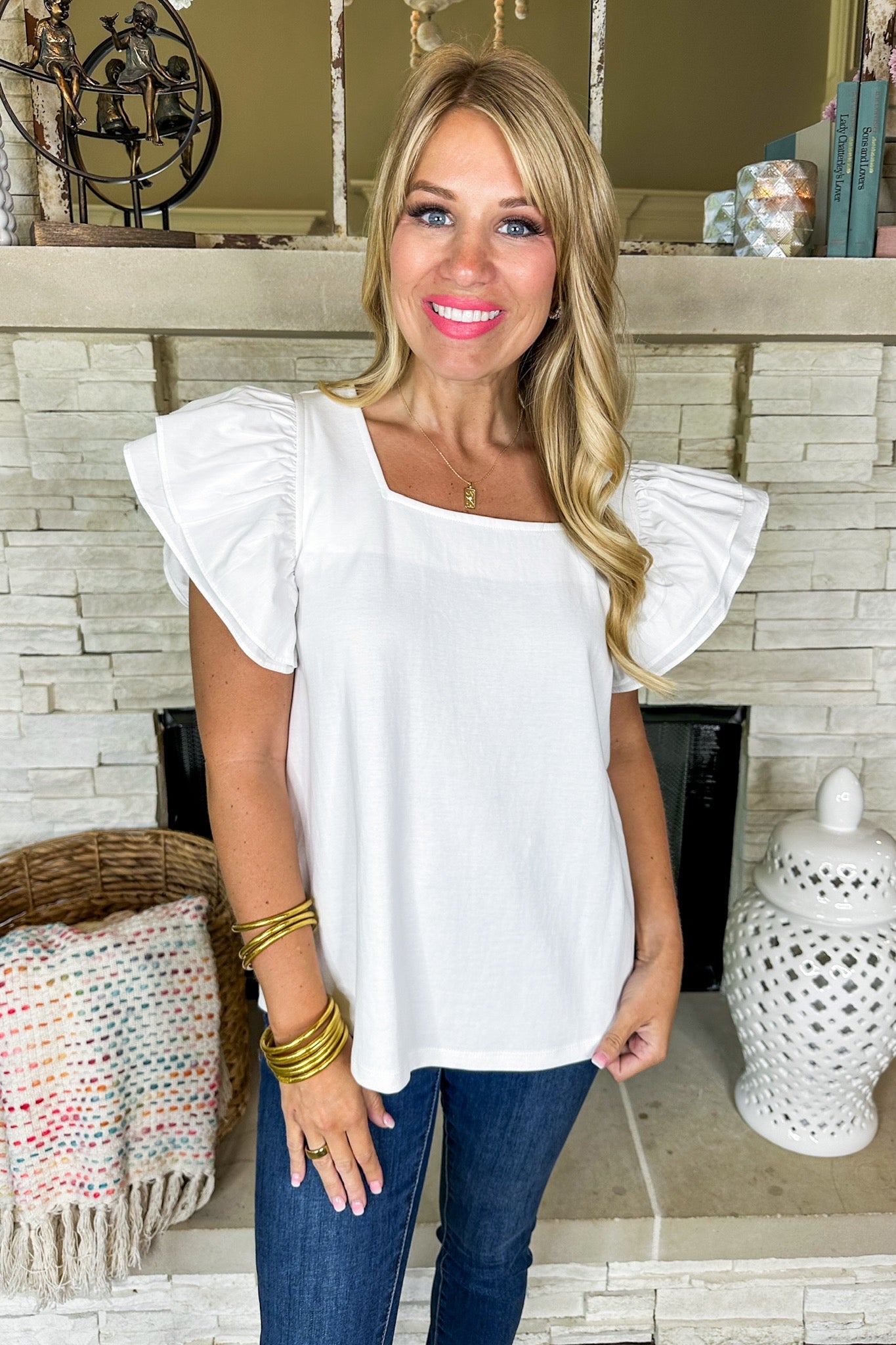 Double Ruffle Square Neck Shift Top in Ivory