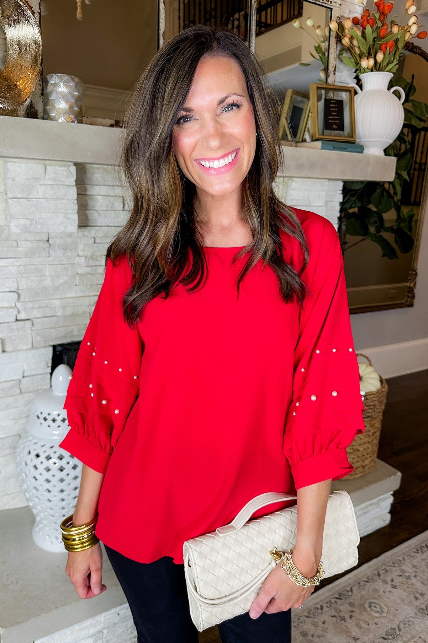 Classy Red Pearl Pleated Three-Quarter Sleeve Top