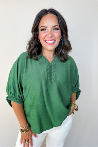 Anything But Basic Braided Green V Neck Blouse