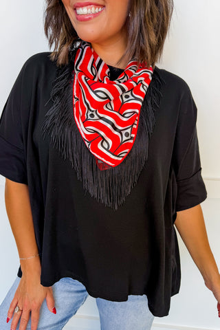 The Dolly Fringe Scarf in Red & Black Retro Mod Print