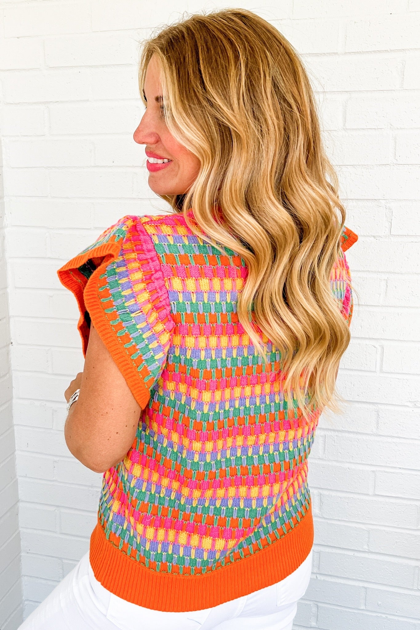 Multi Color Rainbow Ruffle Sleeve Knit Top by THML