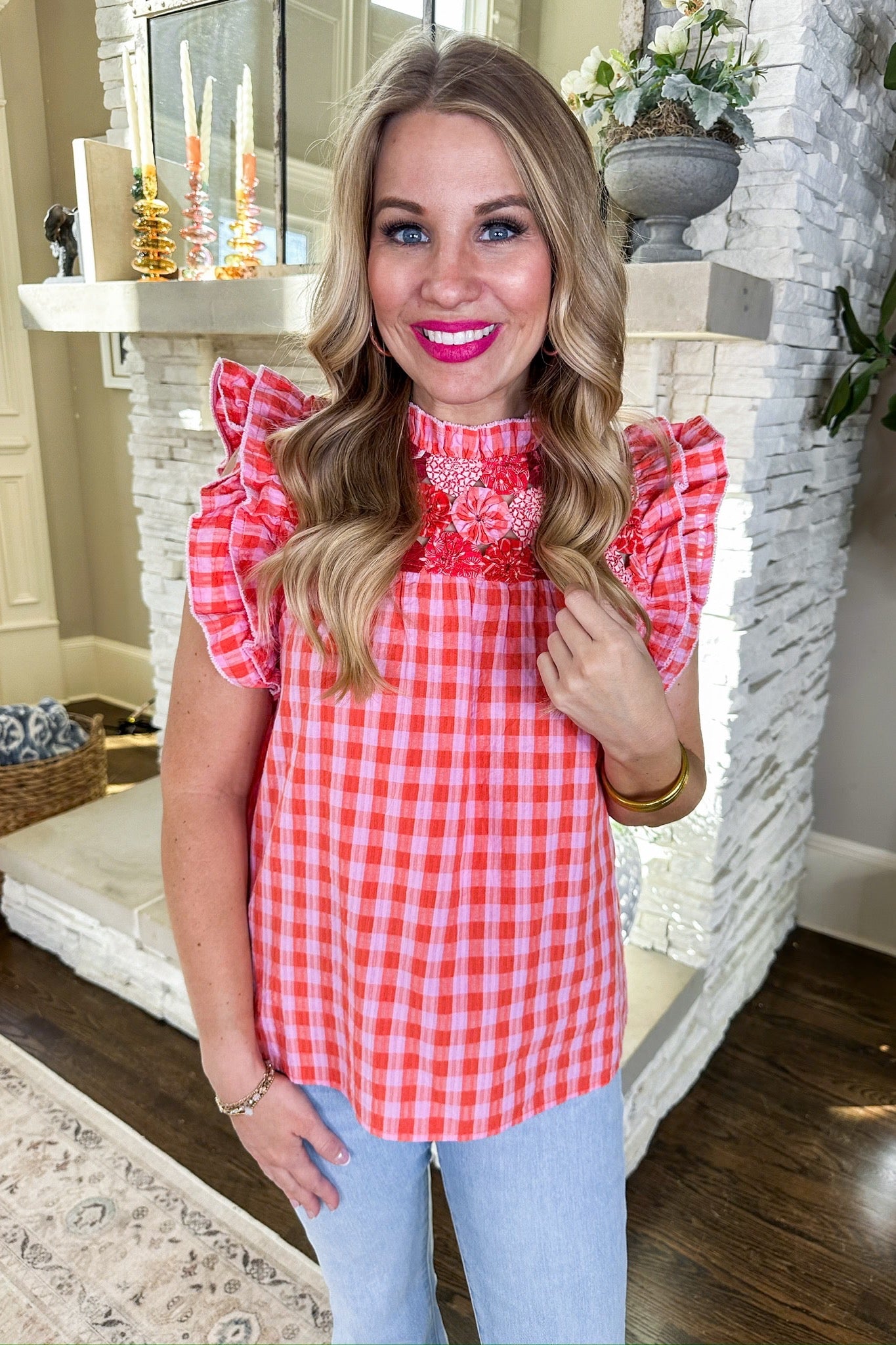 Floral Embroidery Peach Gingham THML Ruffle Top
