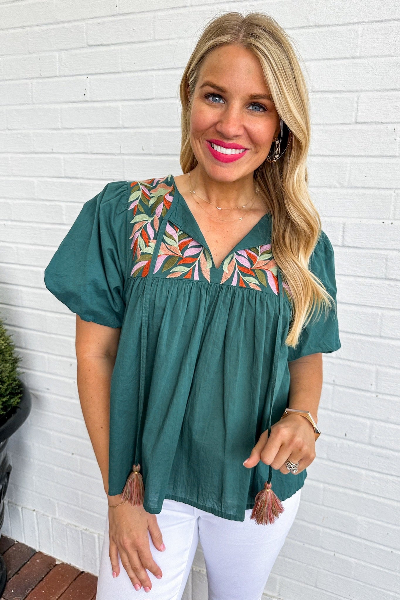 Teal Embroidered Notch Neck Puff Sleeve Top by THML