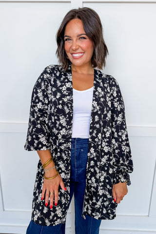 Dear Scarlett Lizzy Gather Sleeve Cardigan in Black Floral